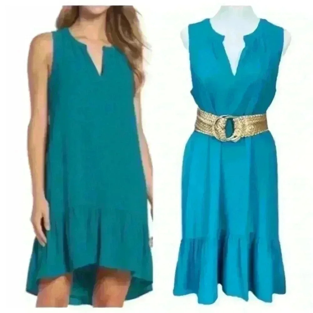 Charles Henry teal sleeveless dress with high low ruffle size M